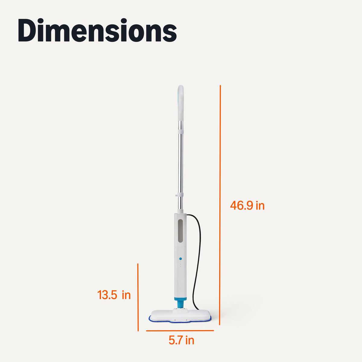 Steam Mop for Sealed Hard Floors, 3 Washable Pads, 20-Foot Cord, White D60568