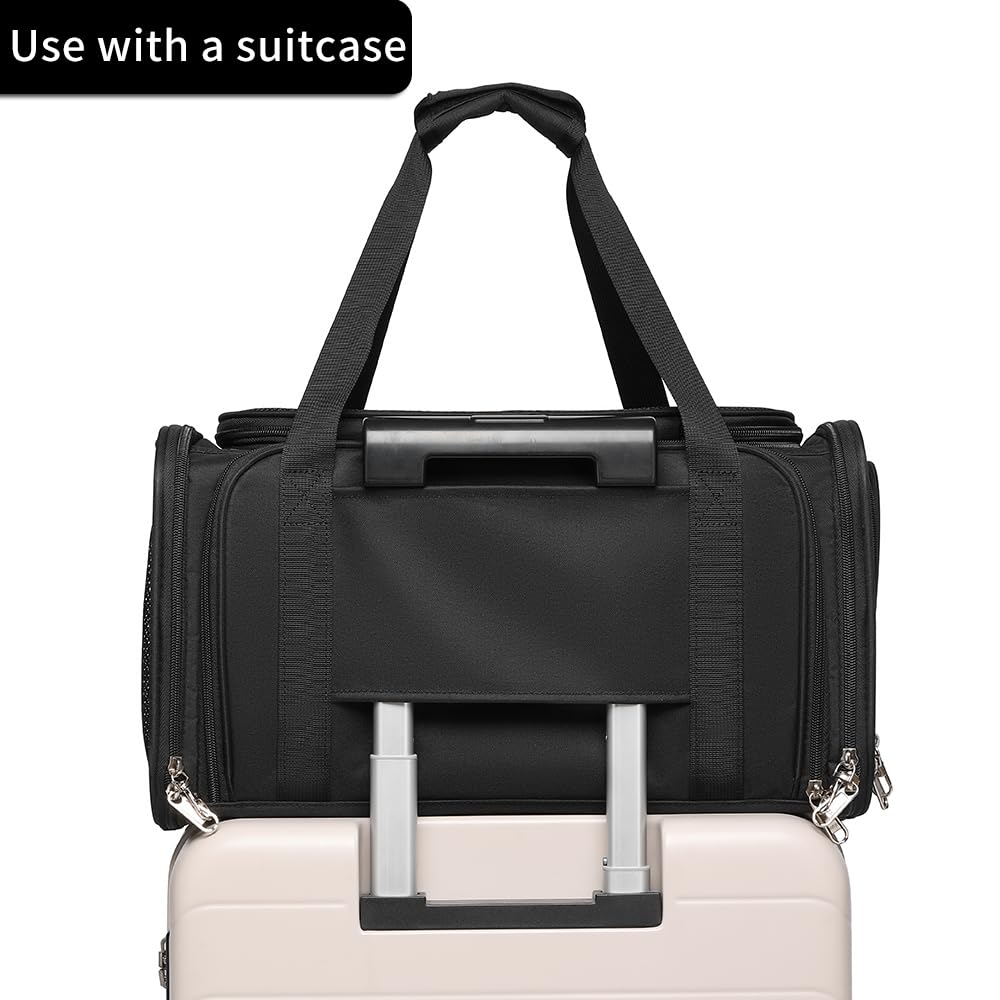 Airline Approved Pet Carrier for Cats and Small Dogs up to 15 lbs, Breathable Mesh, Portable Travel Bag (Black, Expandable) N679