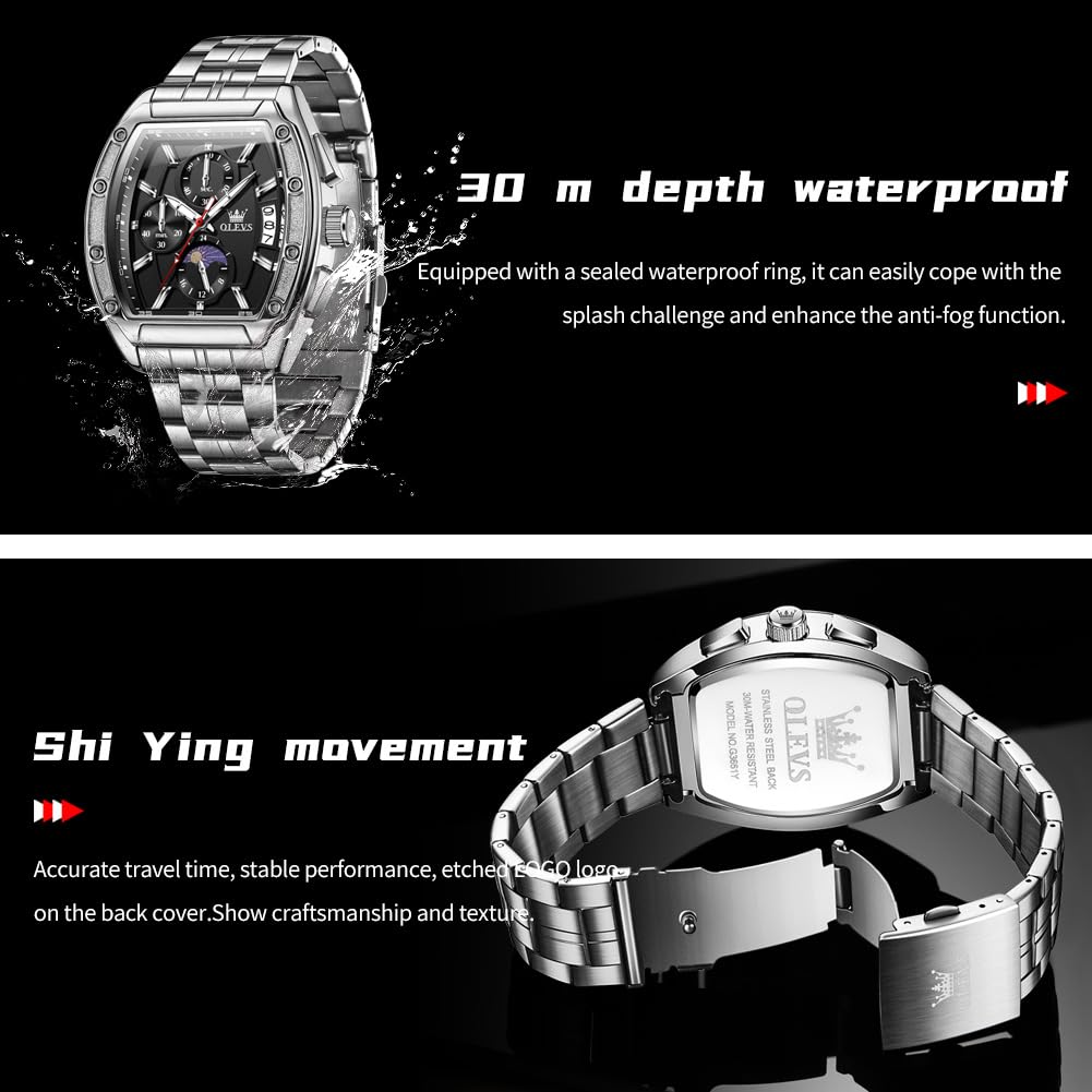 Men Big Square Face Chronograph Stainless Steel Dress Watch R8327