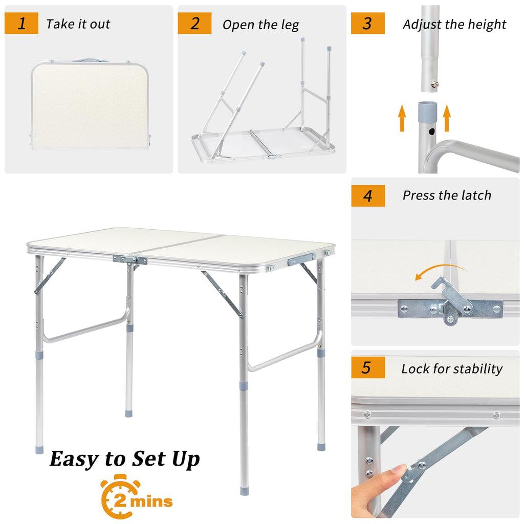 Aluminum Folding Table, Portable and Adjustable Rectangle Table, White (3FT) V870543
