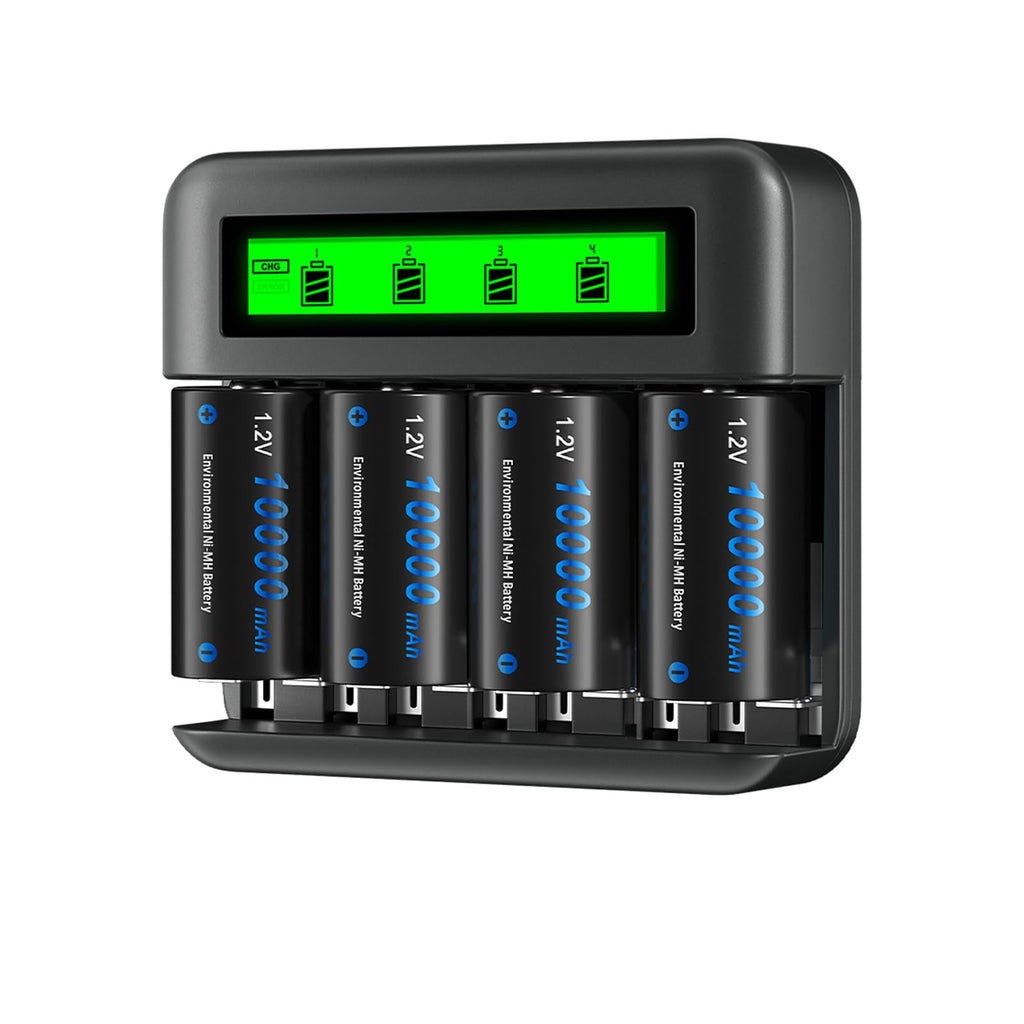 4 Pack 10000mAh Rechargeable D Batteries with 8 Bay LCD Charger L6044