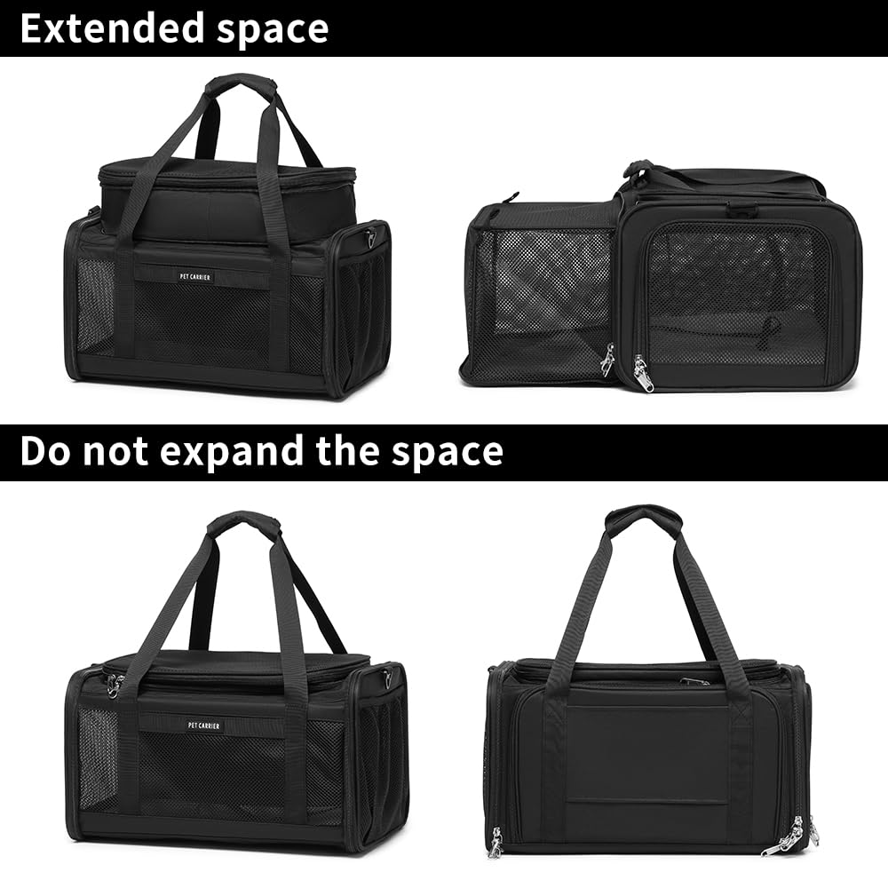 Airline Approved Pet Carrier for Cats and Small Dogs up to 15 lbs, Breathable Mesh, Portable Travel Bag (Black, Expandable) N679