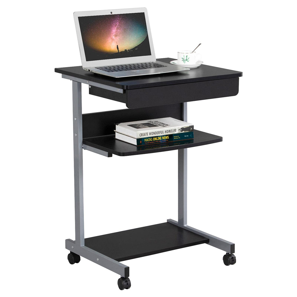 Black Rolling Desk with Drawer and Printer Shelf U86653
