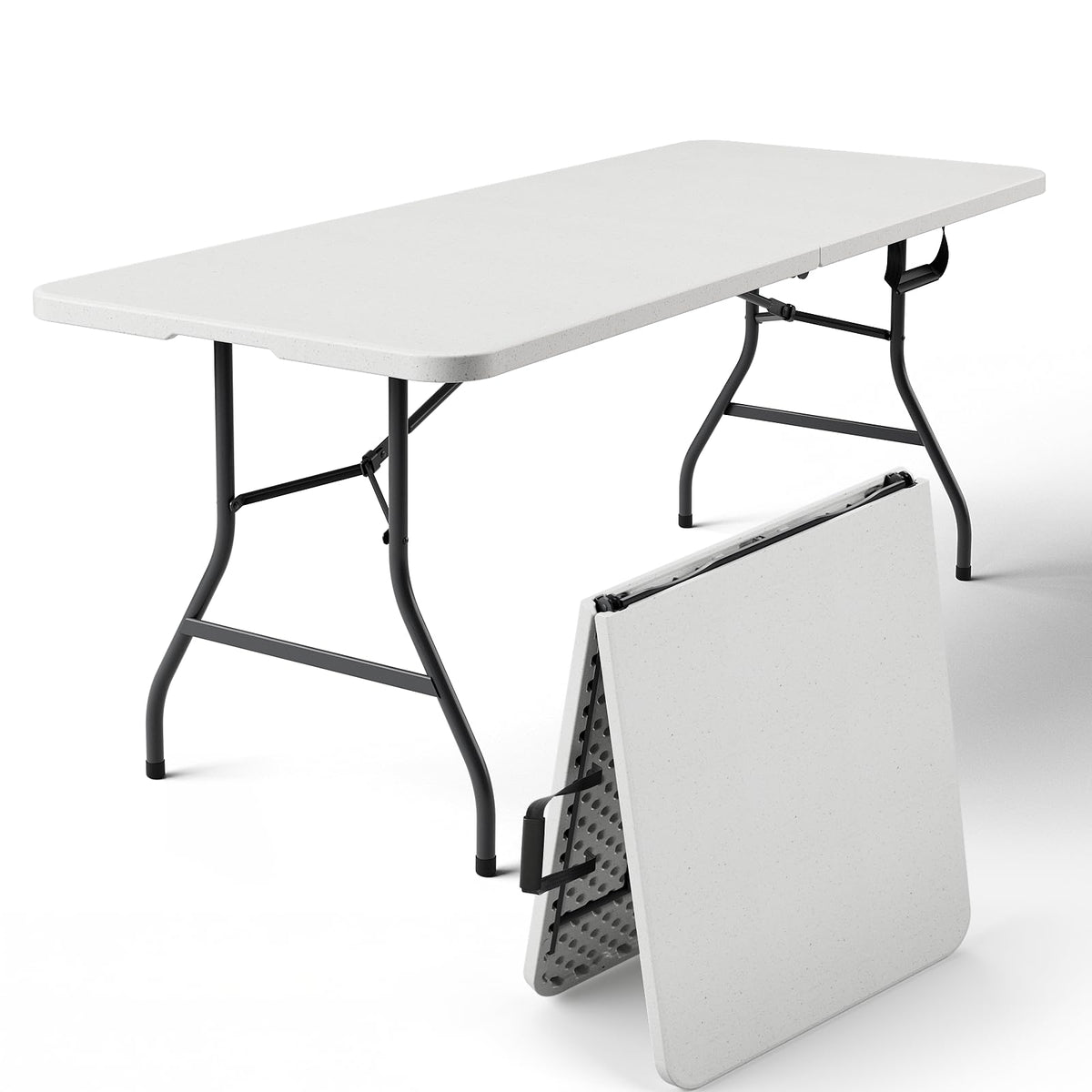 6FT Heavy Duty Plastic Folding Table with Steel Legs White L1243