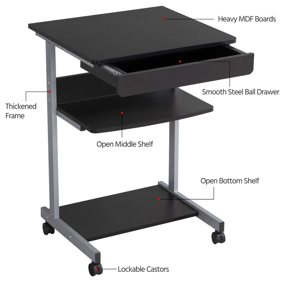 Black Rolling Desk with Drawer and Printer Shelf U86653