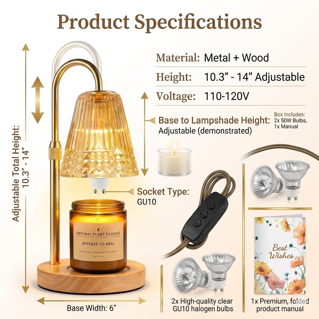 Dimmable Height Adjustable Candle Warmer Lamp with Timer P390