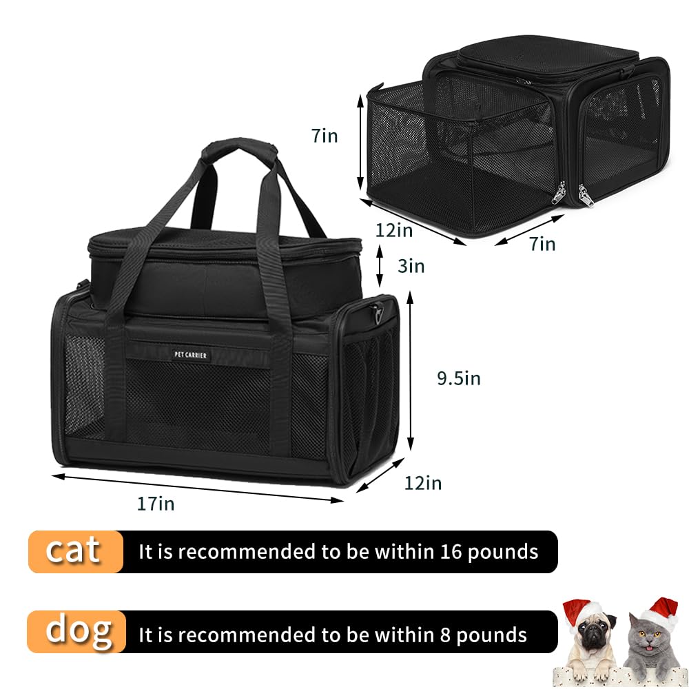 Airline Approved Pet Carrier for Cats and Small Dogs up to 15 lbs, Breathable Mesh, Portable Travel Bag (Black, Expandable) N679