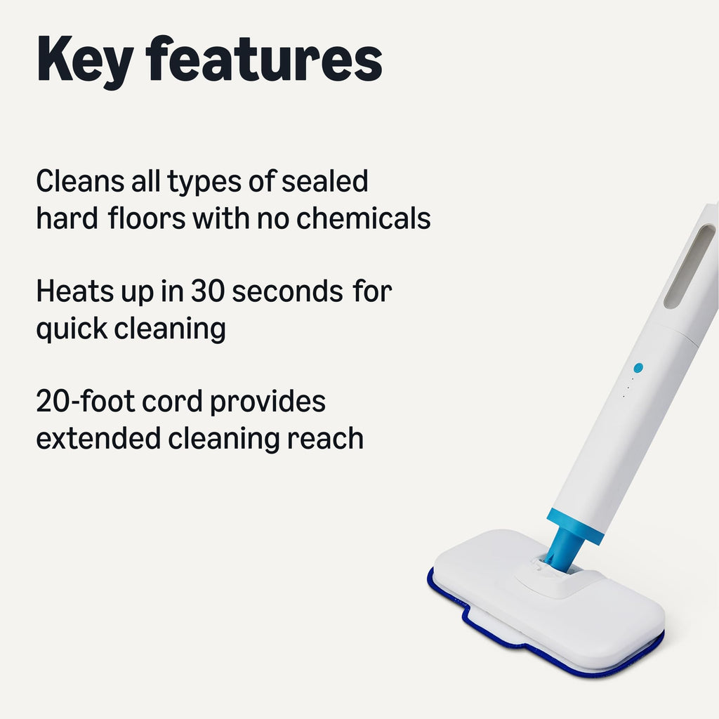 Steam Mop for Sealed Hard Floors, 3 Washable Pads, 20-Foot Cord, White D60568