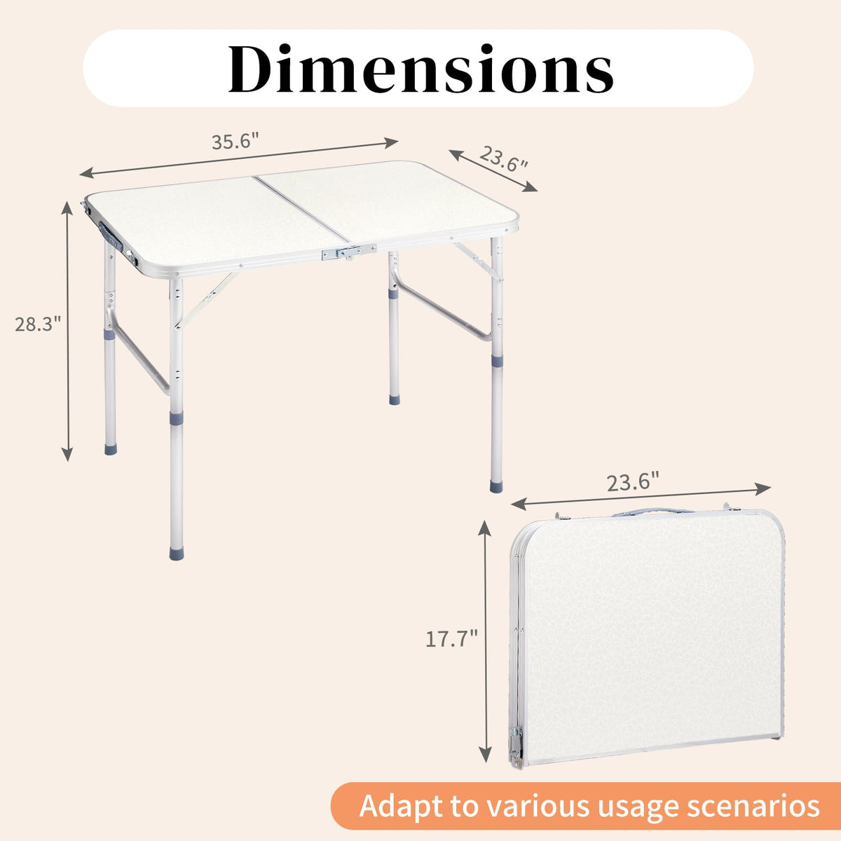 Aluminum Folding Table, Portable and Adjustable Rectangle Table, White (3FT) V870543