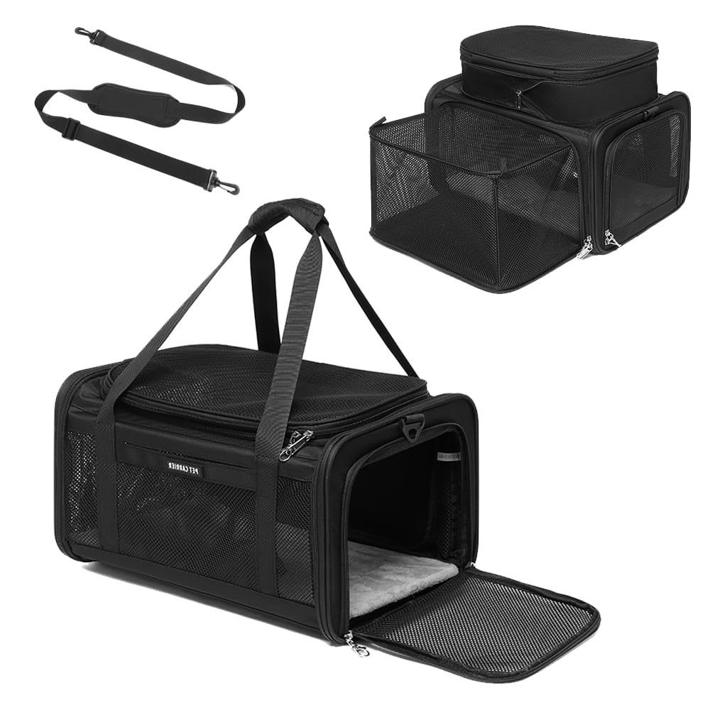 Airline Approved Pet Carrier for Cats and Small Dogs up to 15 lbs, Breathable Mesh, Portable Travel Bag (Black, Expandable) N679