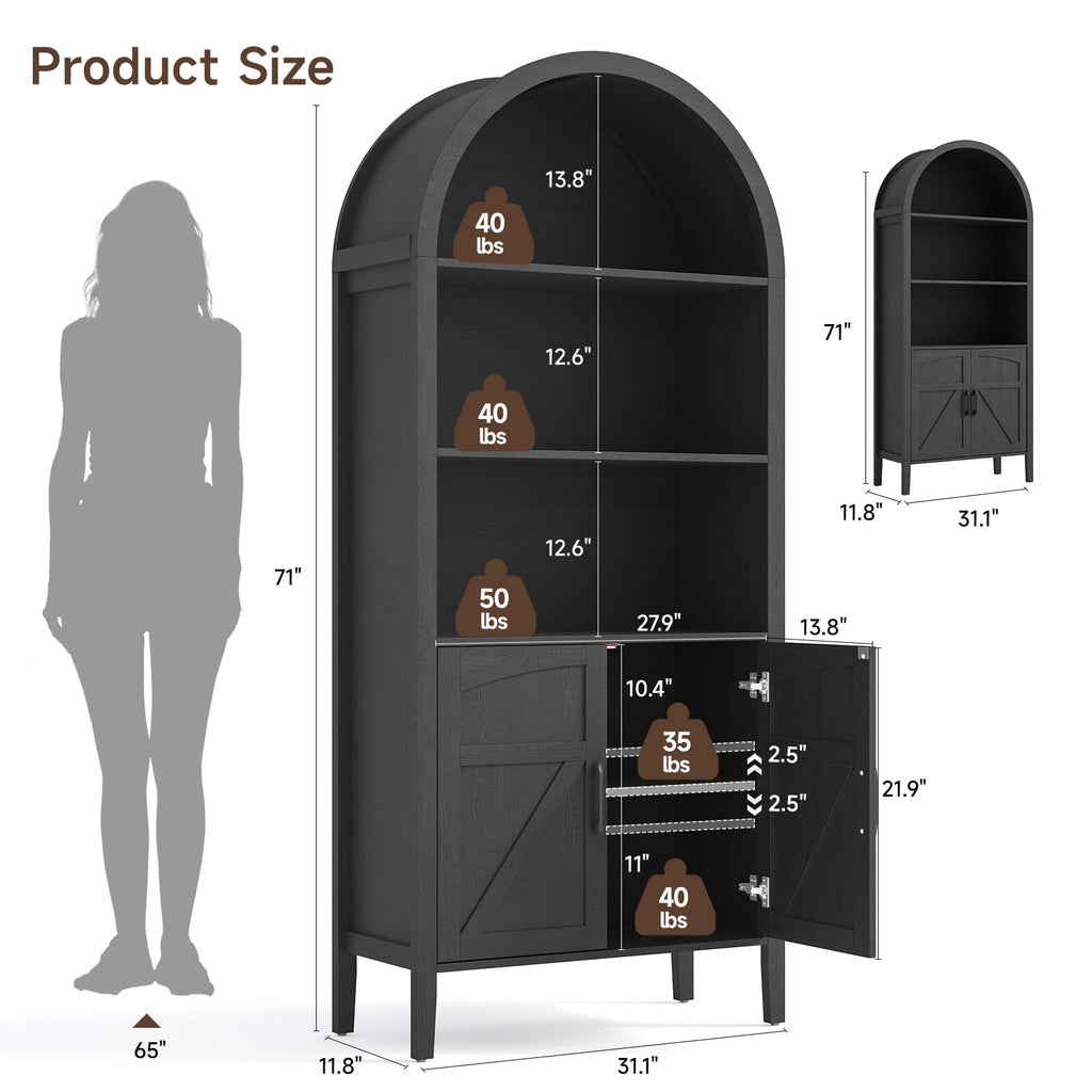 Black 5-Tier Arched Bookshelf with Door T8116