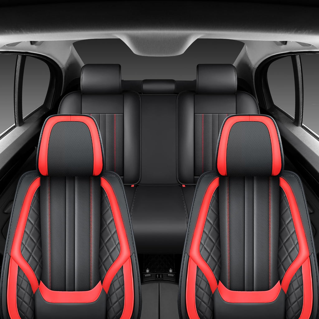 Nappa Leather Car Seat Covers Full Set 5-Seats Black Red U4460
