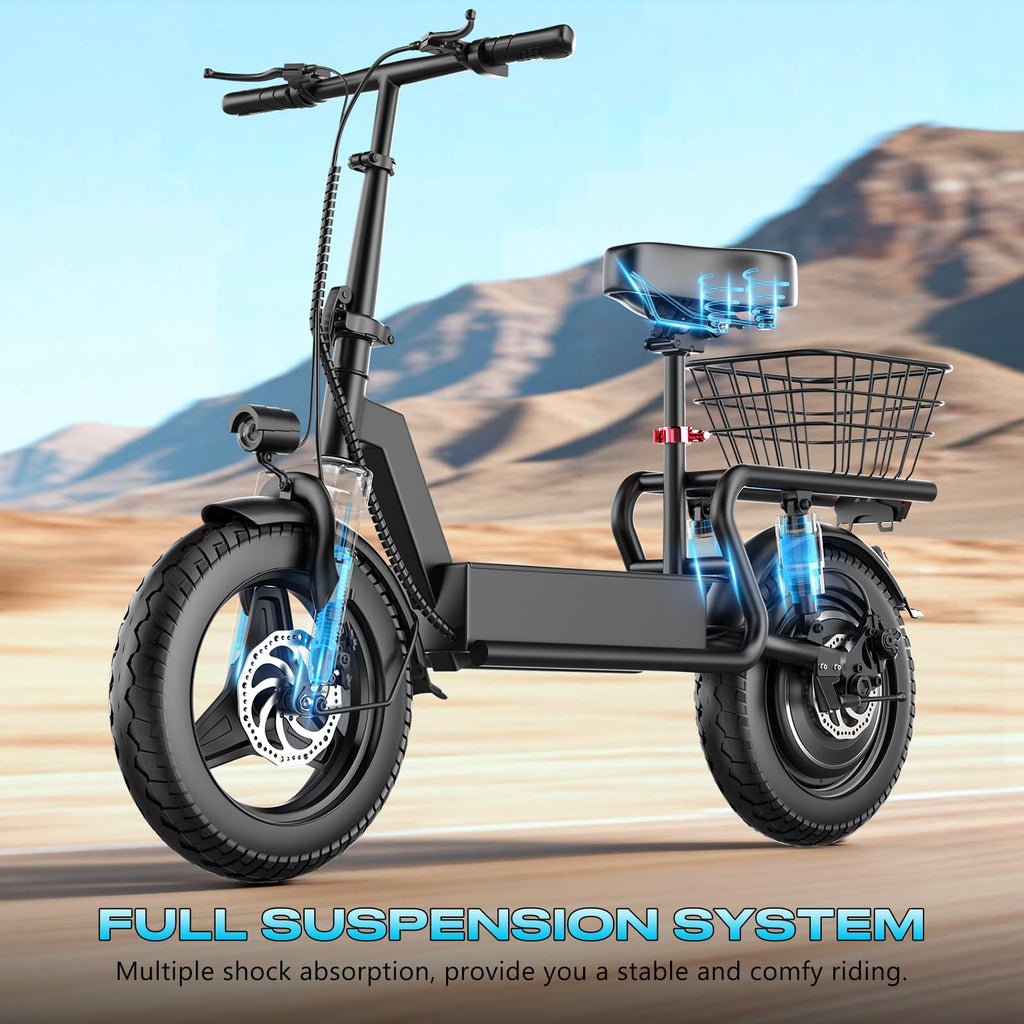 Electric Scooter with Seat, 1000W Peak Motor, 25 MPH, 14" Pneumatic Tires J272