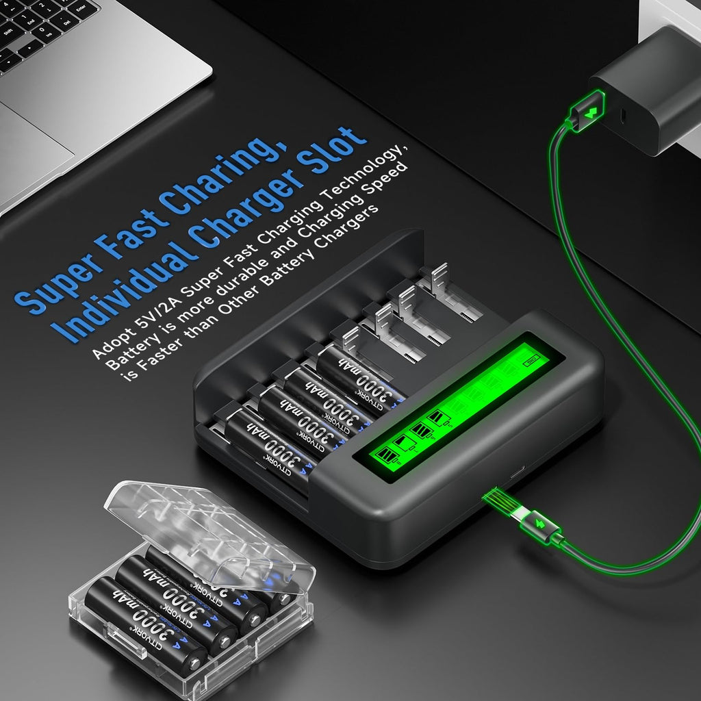 4 Pack 10000mAh Rechargeable D Batteries with 8 Bay LCD Charger L6044