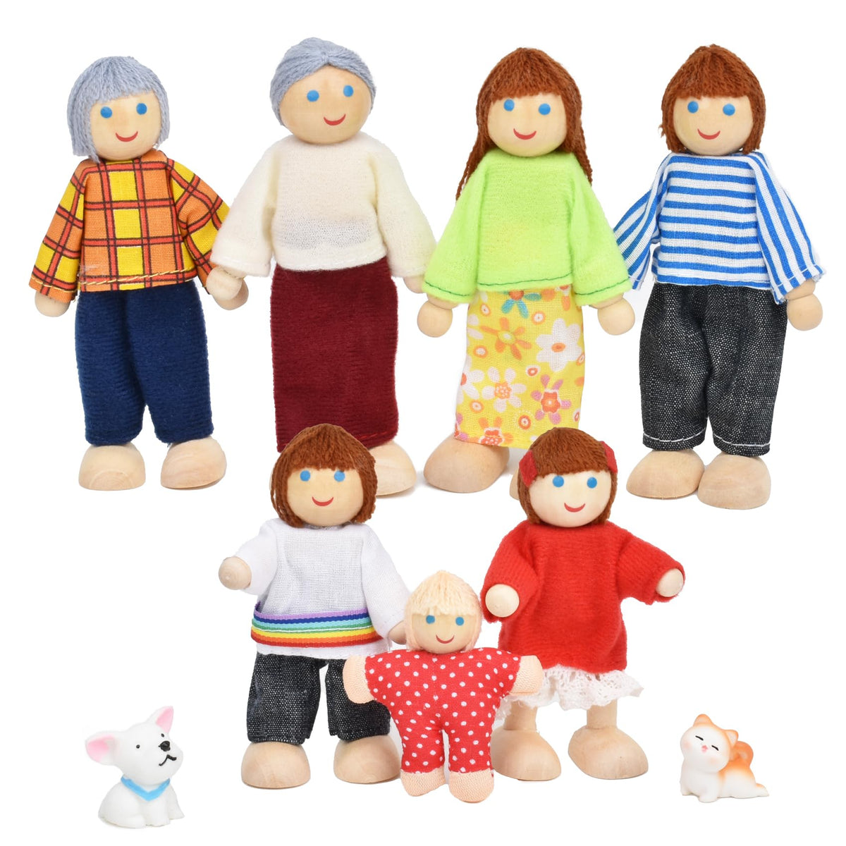 Wooden Dollhouse Dolls Family Set of 7 Miniature Figures and 2 Pets Z725006