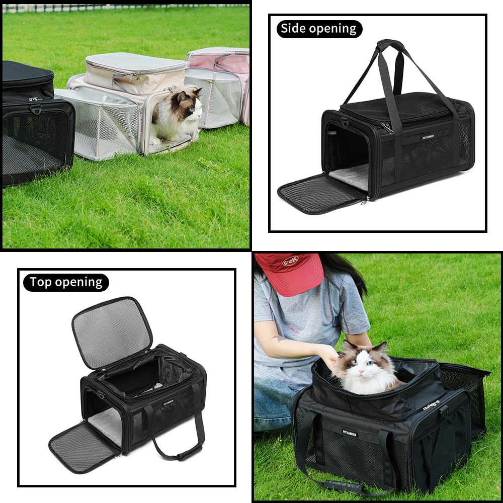 Airline Approved Pet Carrier for Cats and Small Dogs up to 15 lbs, Breathable Mesh, Portable Travel Bag (Black, Expandable) N679