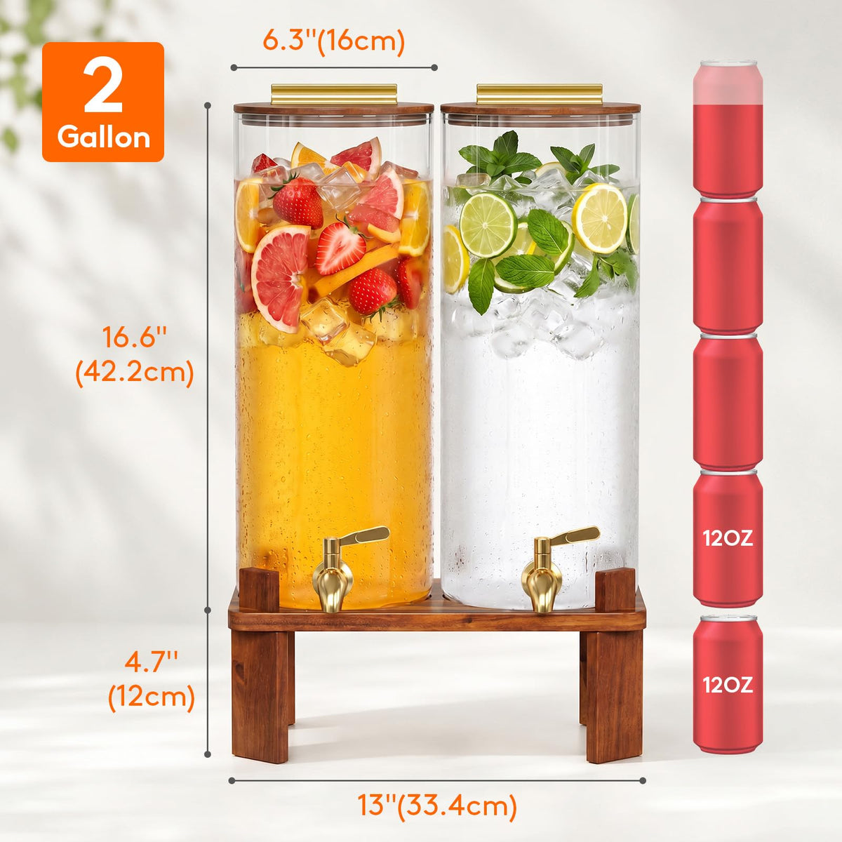 2 Gallon Glass Drink Dispenser with Wood Stand O5856