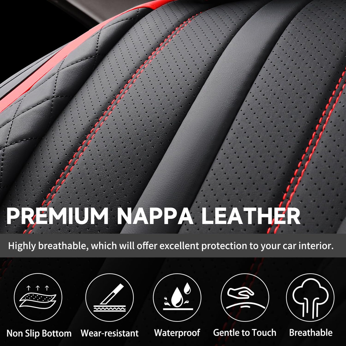 Nappa Leather Car Seat Covers Full Set 5-Seats Black Red U4460