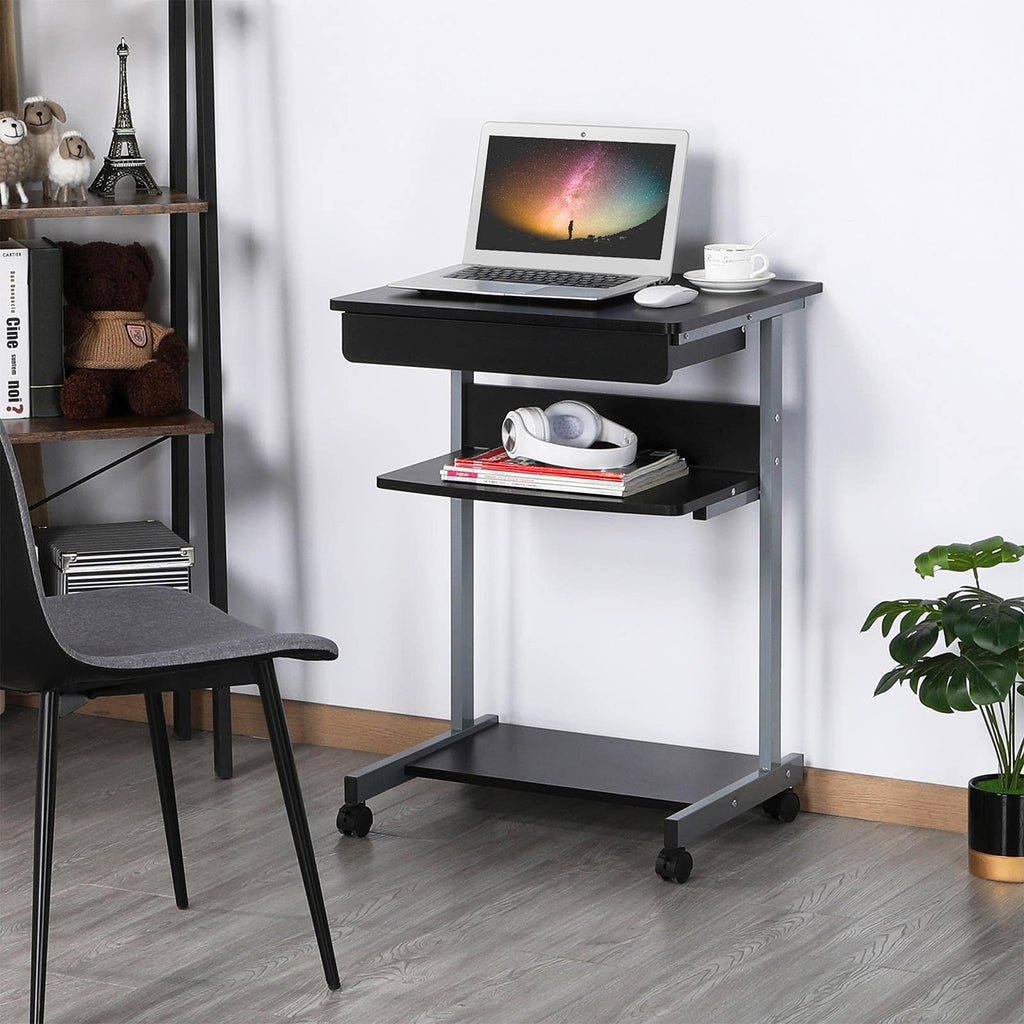 Black Rolling Desk with Drawer and Printer Shelf U86653
