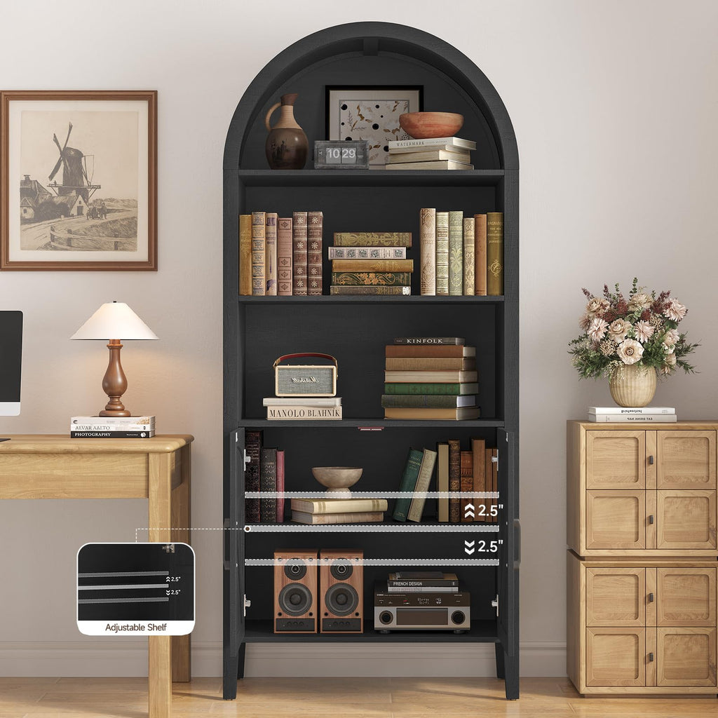 Black 5-Tier Arched Bookshelf with Door T8116