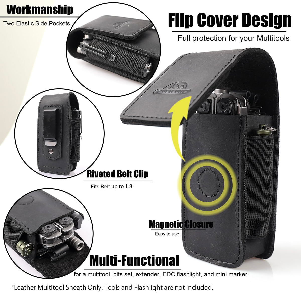 Leather Multitool Sheath with Belt Clip and Magnetic Closure E5345
