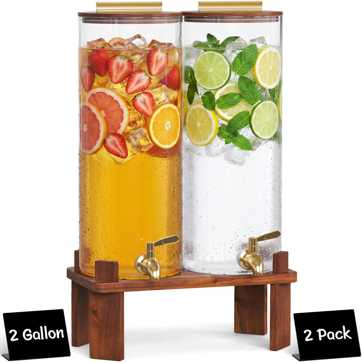 2 Gallon Glass Drink Dispenser with Wood Stand O5856
