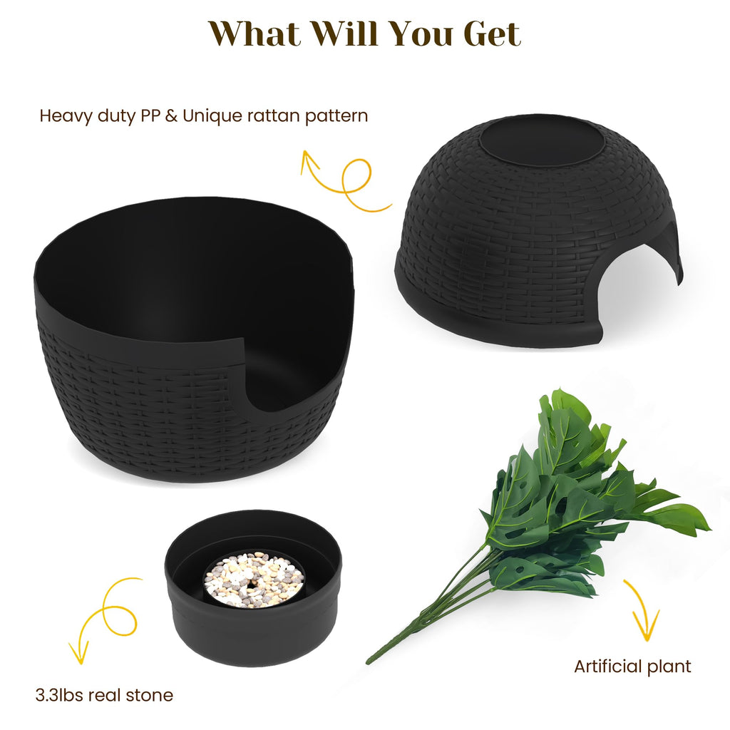 Black Large Cat Litter Box with Faux Plant O3106