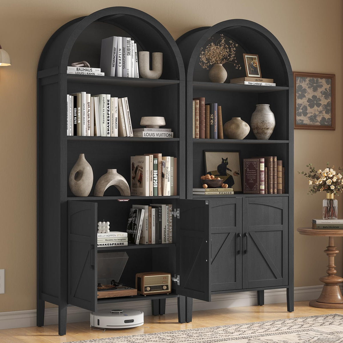 Black 5-Tier Arched Bookshelf with Door T8116