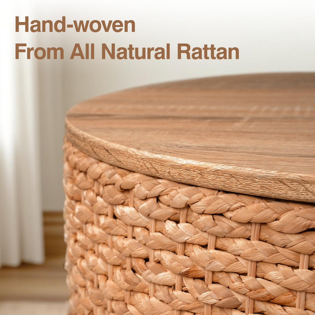 Round Nesting Coffee Table Set of 2 with Storage Wicker Rattan Wood Frame T819