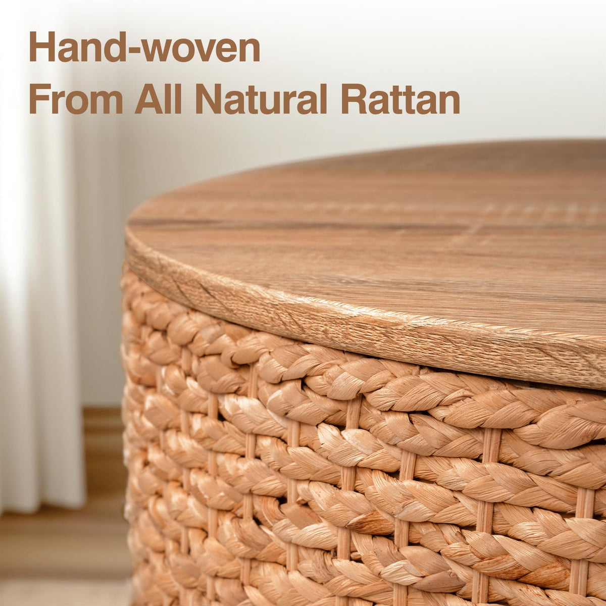 Round Nesting Coffee Table Set of 2 with Storage Wicker Rattan Wood Frame T819
