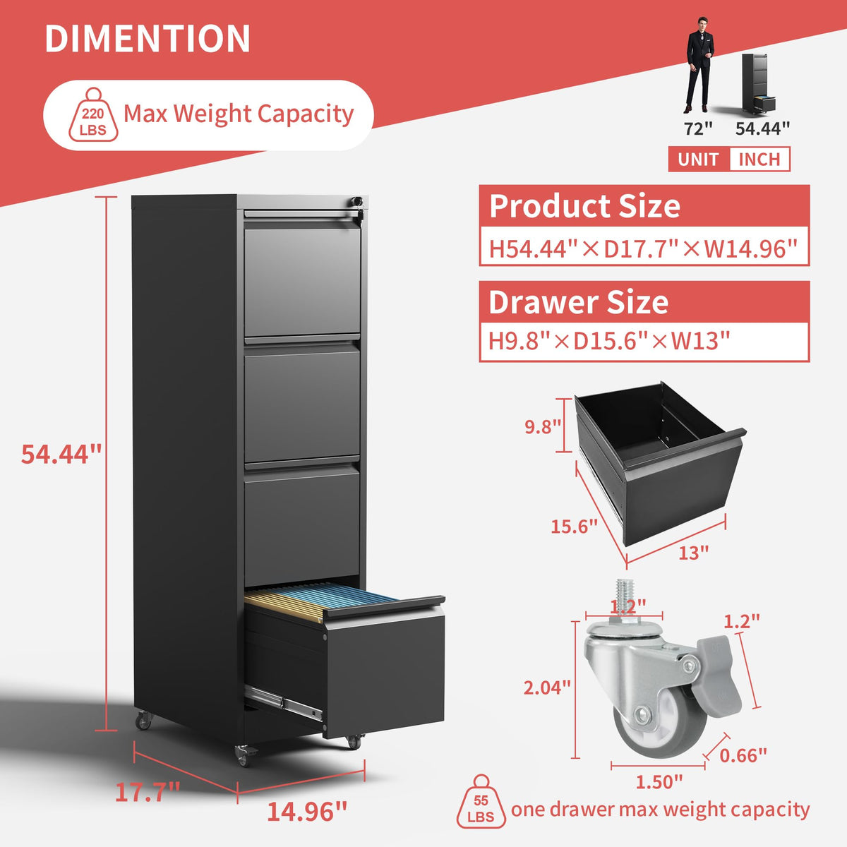 4 Drawer Black Metal File Cabinet with Lock F683