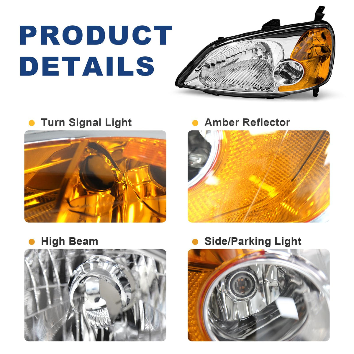 Headlight Assembly with Chrome Housing Amber Reflector Driver and Passenger Side O839514