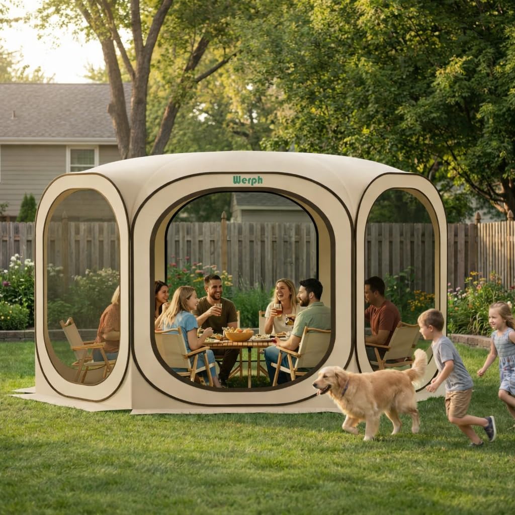 12x12 Pop Up Screen Tent, Mosquito Net Gazebo, UV Resistant, Beige I932