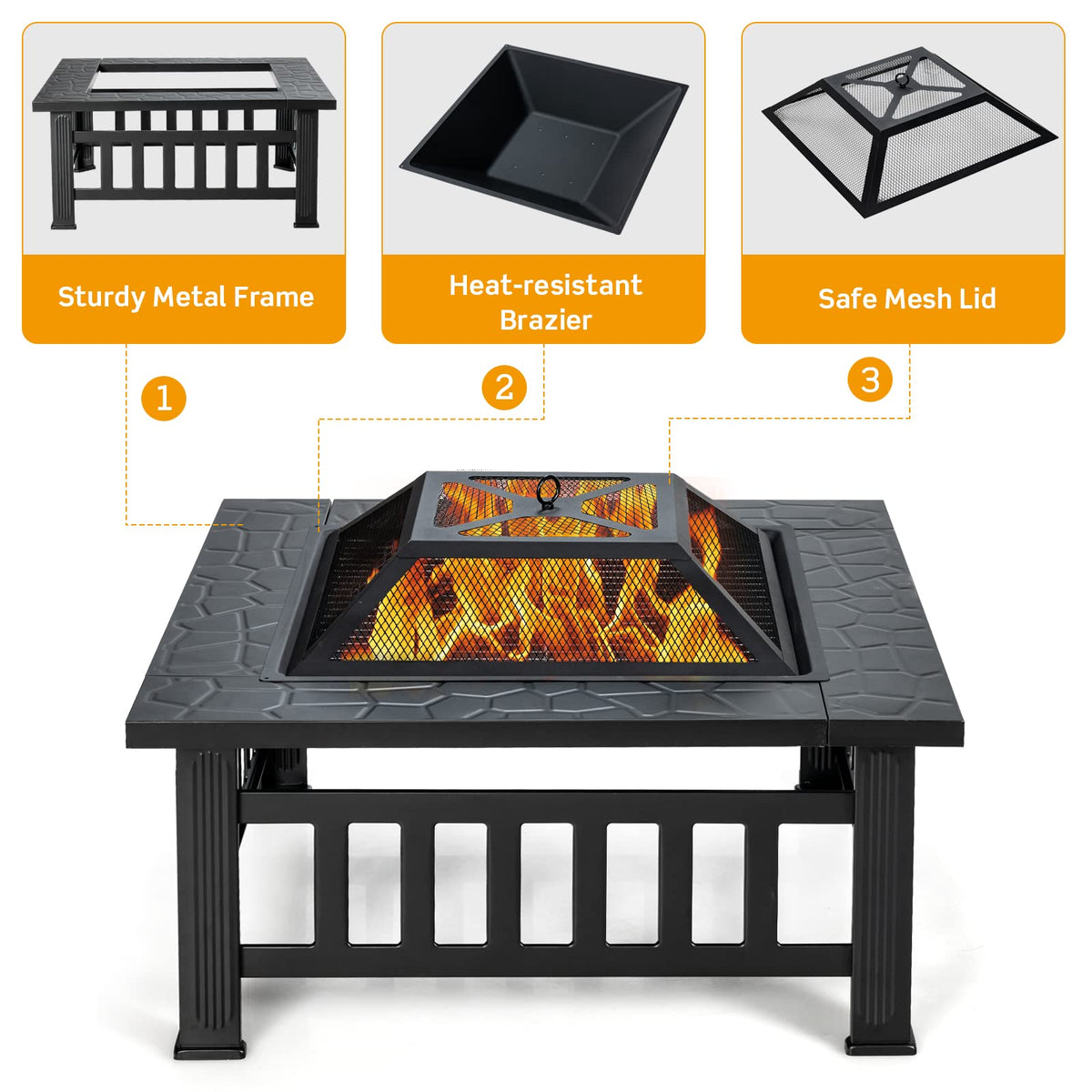 32 Inch Square Steel Wood Burning Fire Pit Y674608