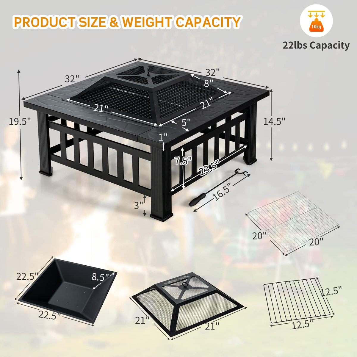 32 Inch Square Steel Wood Burning Fire Pit Y674608