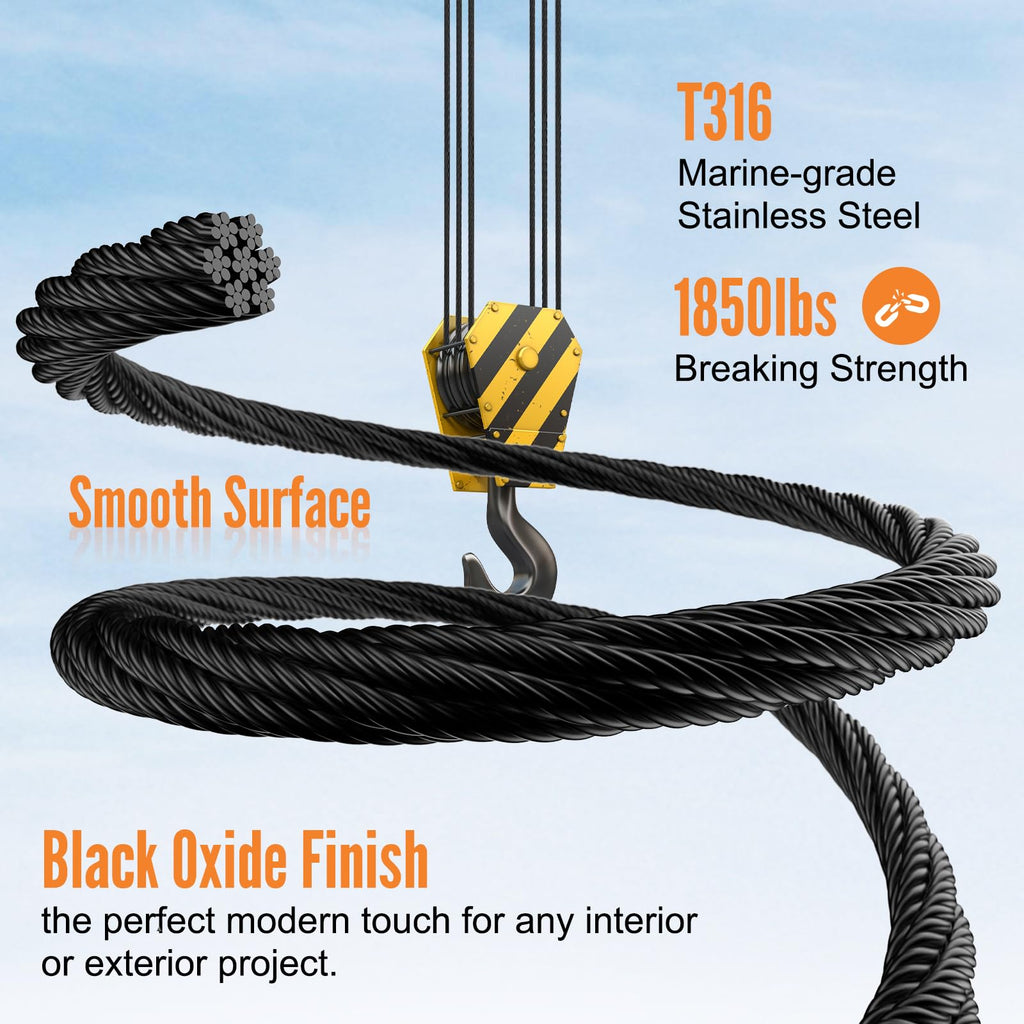 1000FT 1/8" Black Stainless Steel Cable X16254