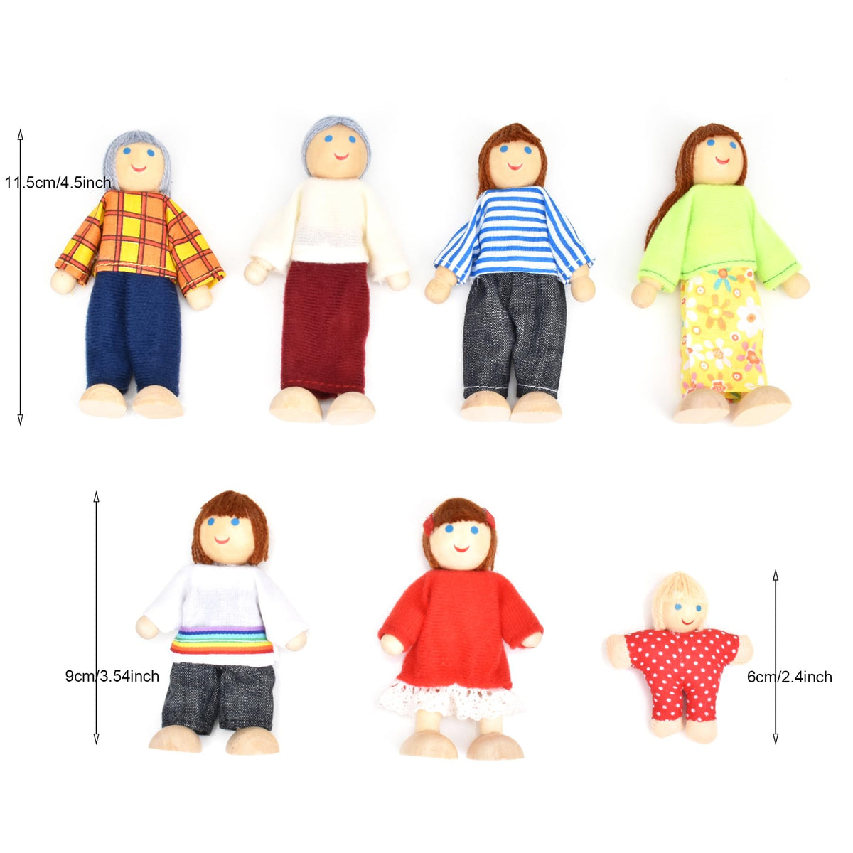 Wooden Dollhouse Dolls Family Set of 7 Miniature Figures and 2 Pets Z725006