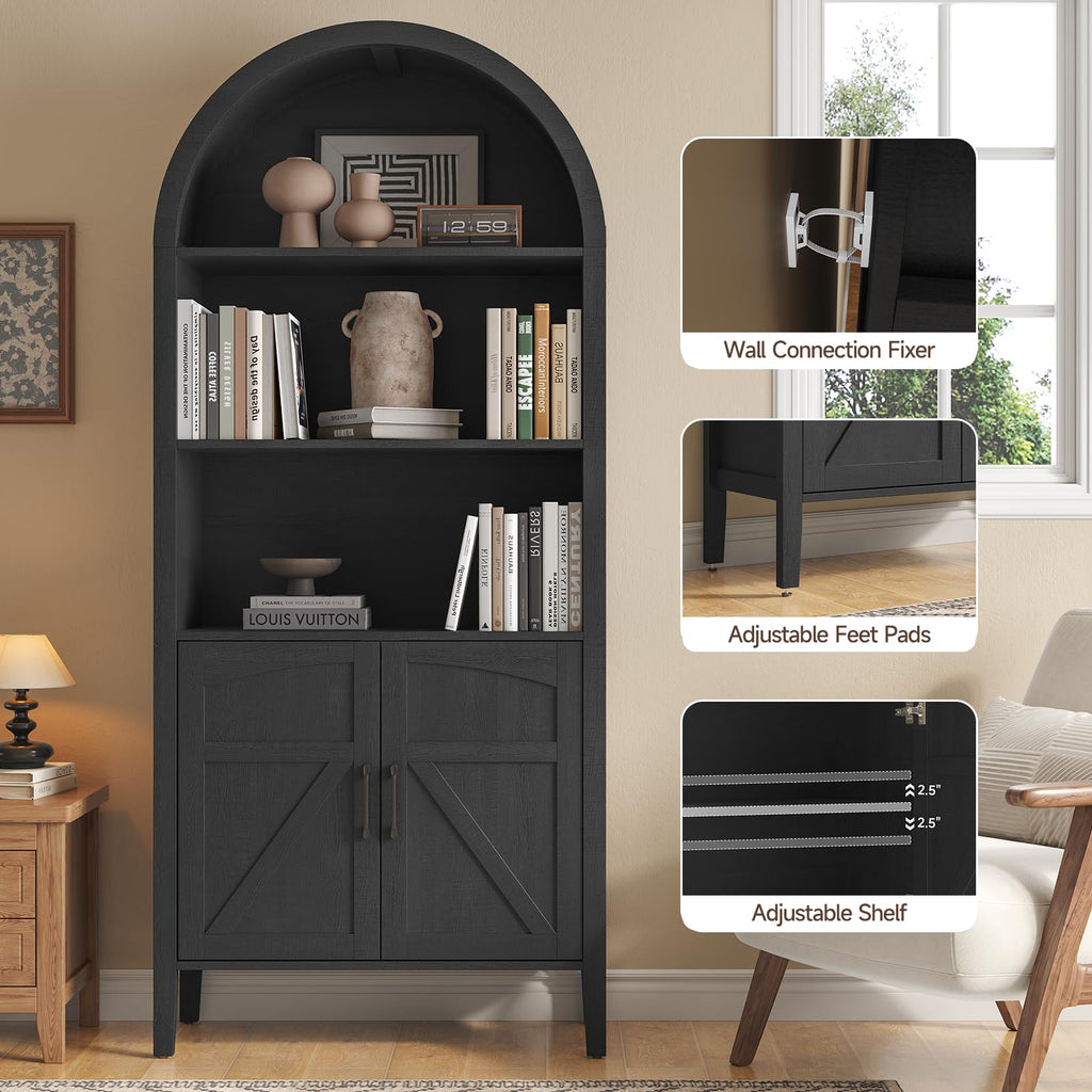 Black 5-Tier Arched Bookshelf with Door T8116