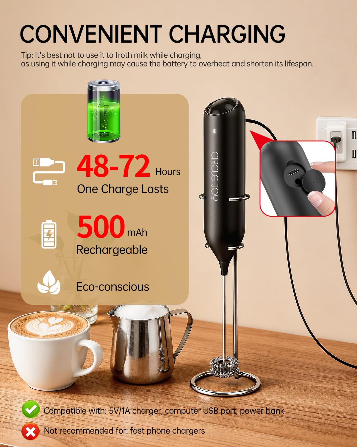 Rechargeable Handheld Milk Frother with Stand E3588