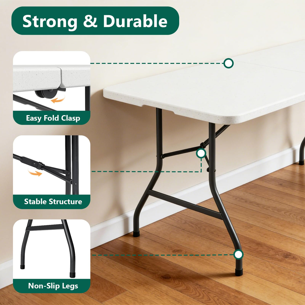 6FT Heavy Duty Plastic Folding Table with Steel Legs White L1243