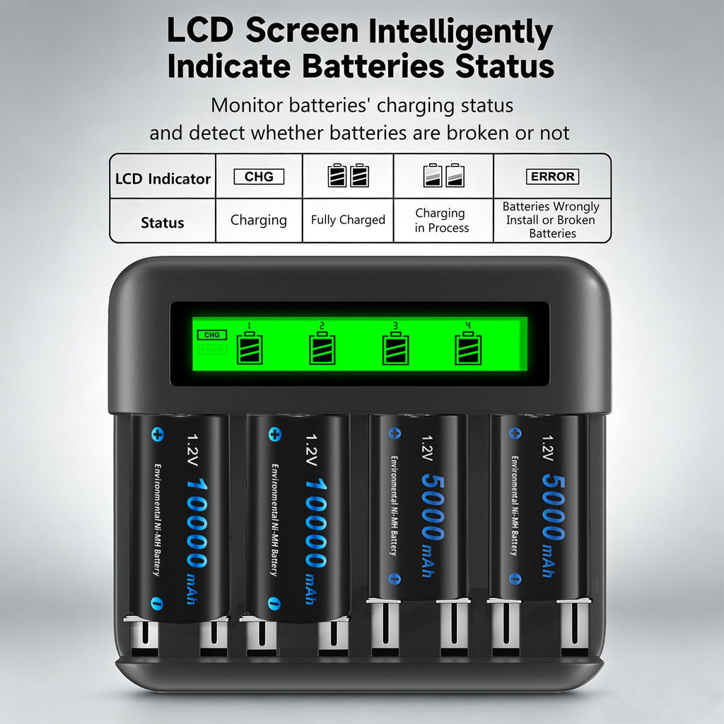 4 Pack 10000mAh Rechargeable D Batteries with 8 Bay LCD Charger L6044