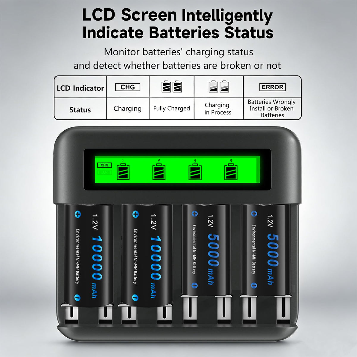 4 Pack 10000mAh Rechargeable D Batteries with 8 Bay LCD Charger L6044