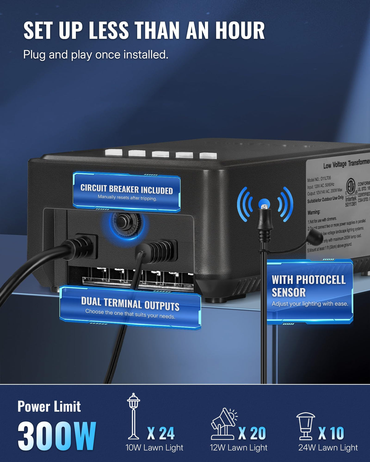 300W Low Voltage Landscape Transformer with Timer and Photocell Sensor F496