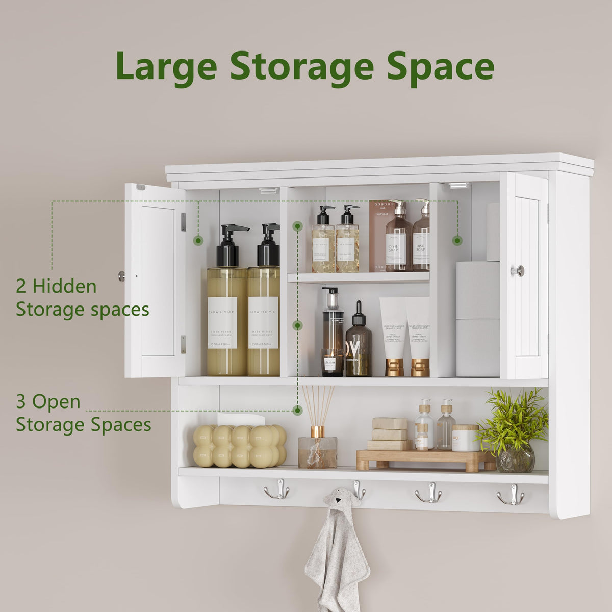31.5"W 3-Tier Wall Mounted Bathroom Cabinet with Hooks X2849