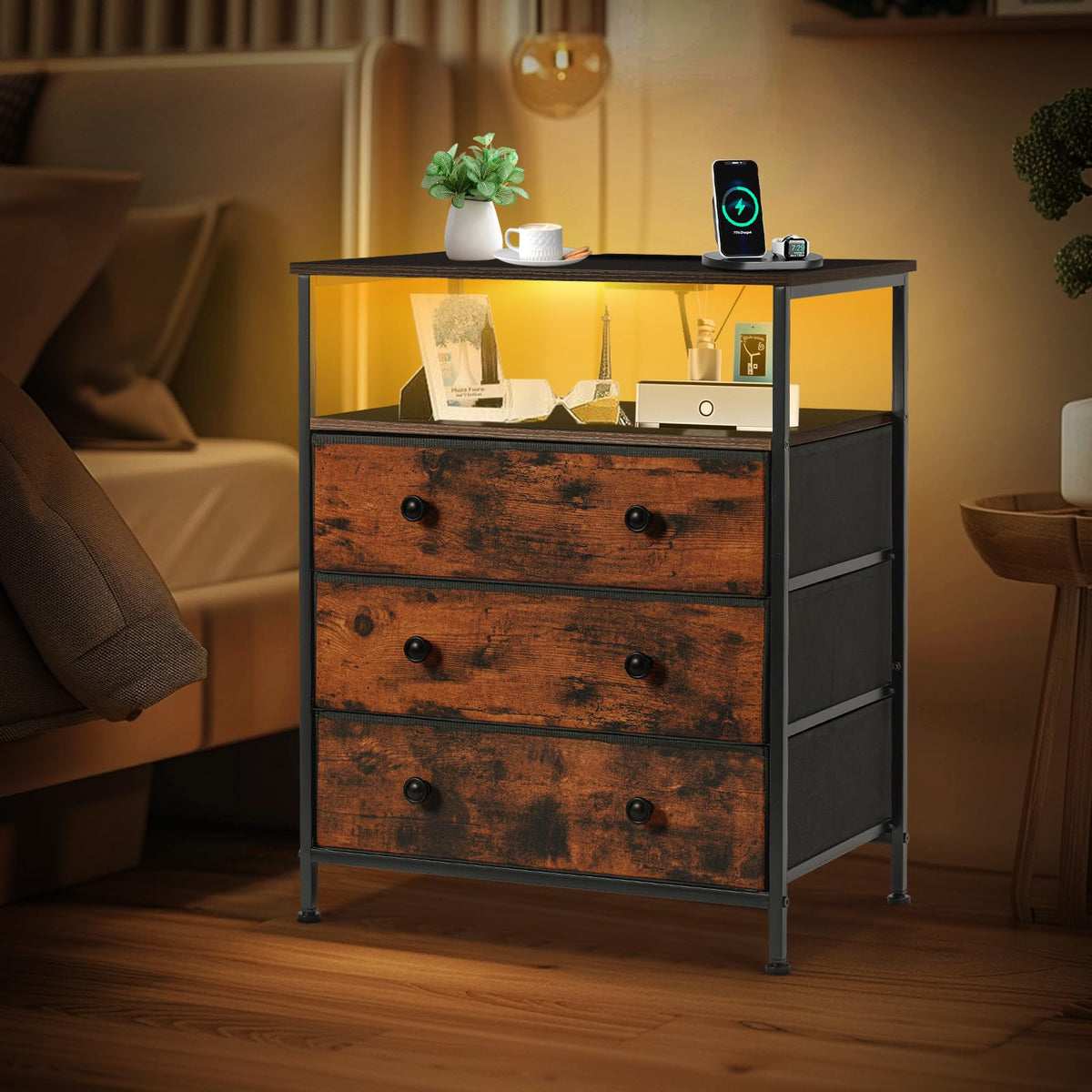 3-Drawer LED Nightstand with Charging Station M373