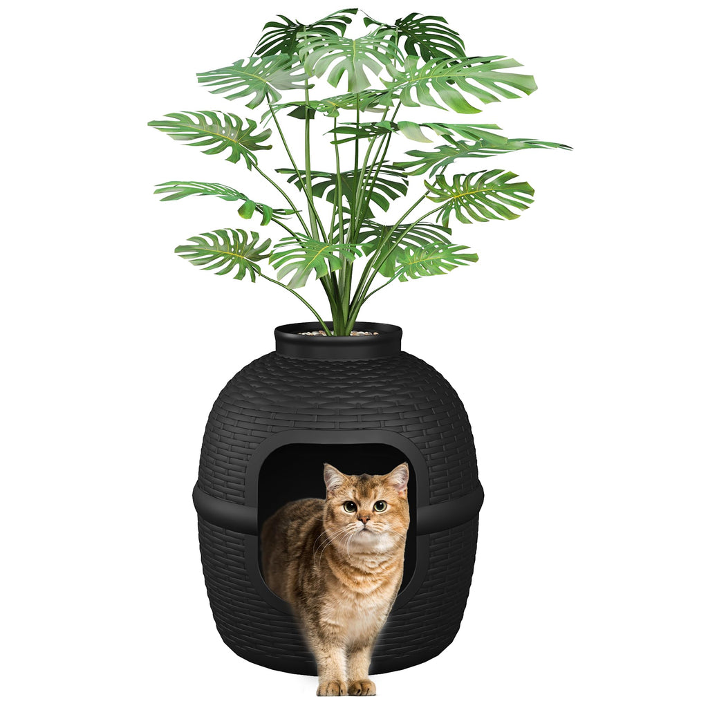 Black Large Cat Litter Box with Faux Plant O3106