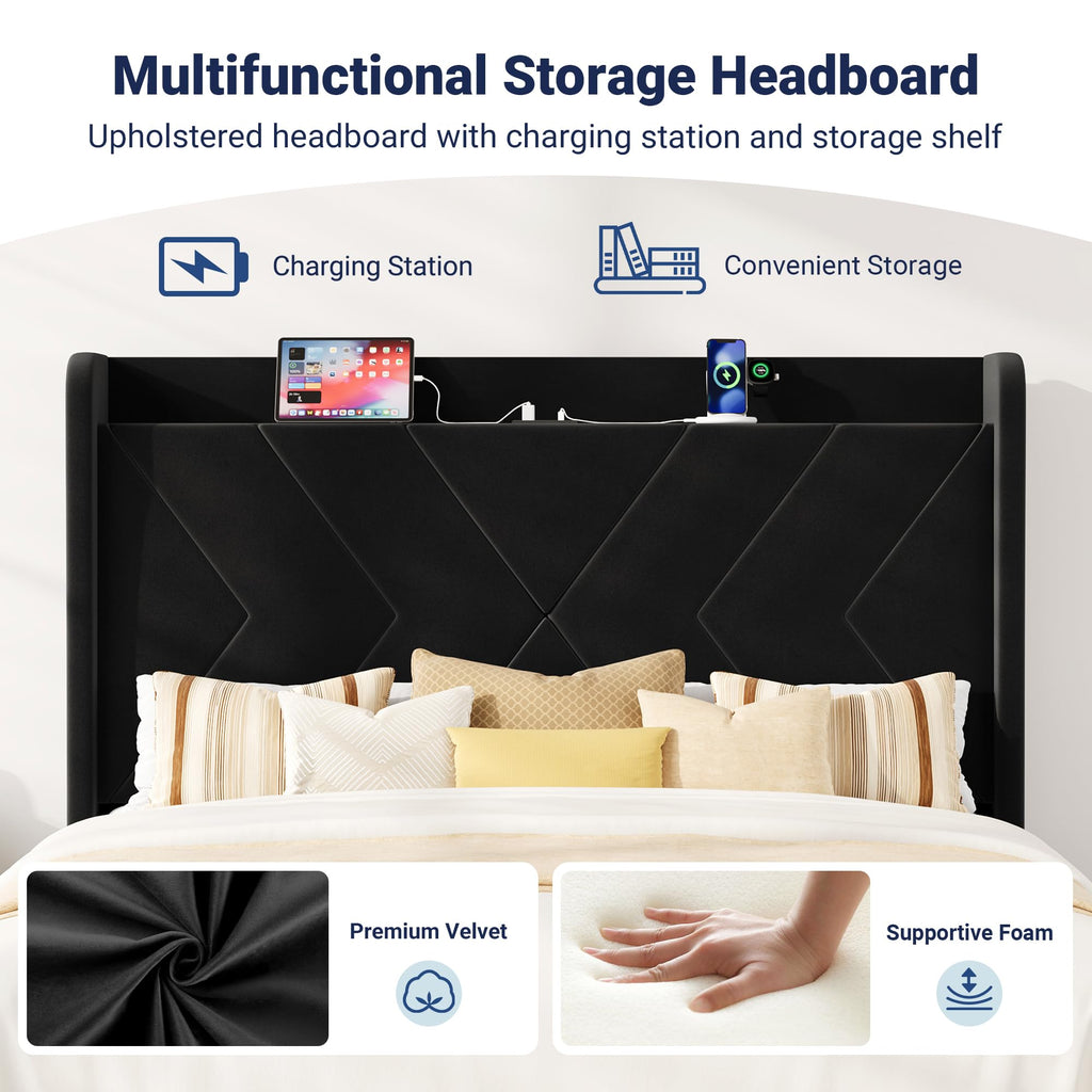 Queen Size Black Velvet Bed Frame with Charging and Shelf I229