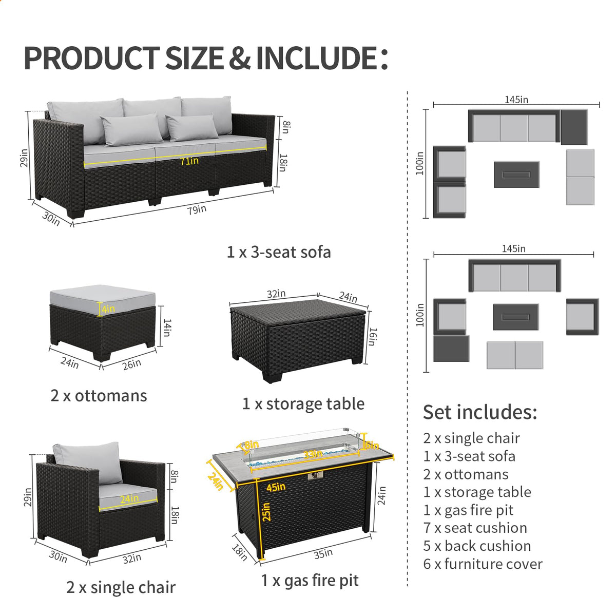 7 Pieces Outdoor Patio Furniture Set with 60000 BTU Propane Fire Pit Table R143487