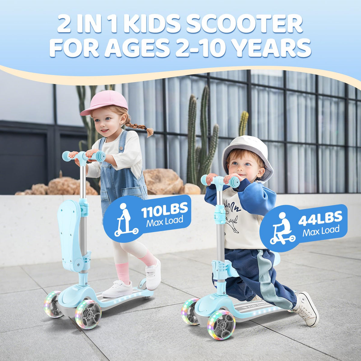 2 in 1 Kids Scooter with Seat, LED Light-Up Wheels, 4 Adjustable Heights K273