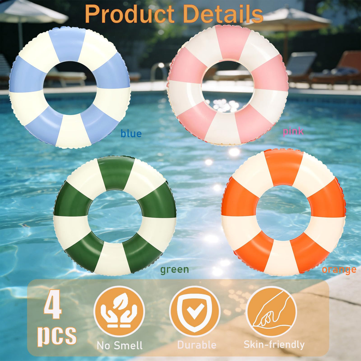 4Pcs Inflatable Pool Float 31 Inch Striped Swim Rings J278576